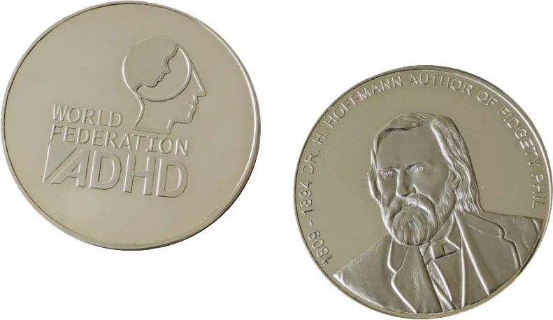 Both sides of the World Federation of ADHD Medal featuring the Federation logo and a portrait of Heinrich Hoffmann